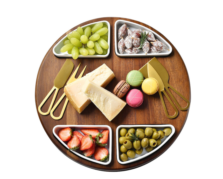 Lazy Susan Turntable Cheeseboard, Rotating Charcuterie Board with 4 Olive bowls