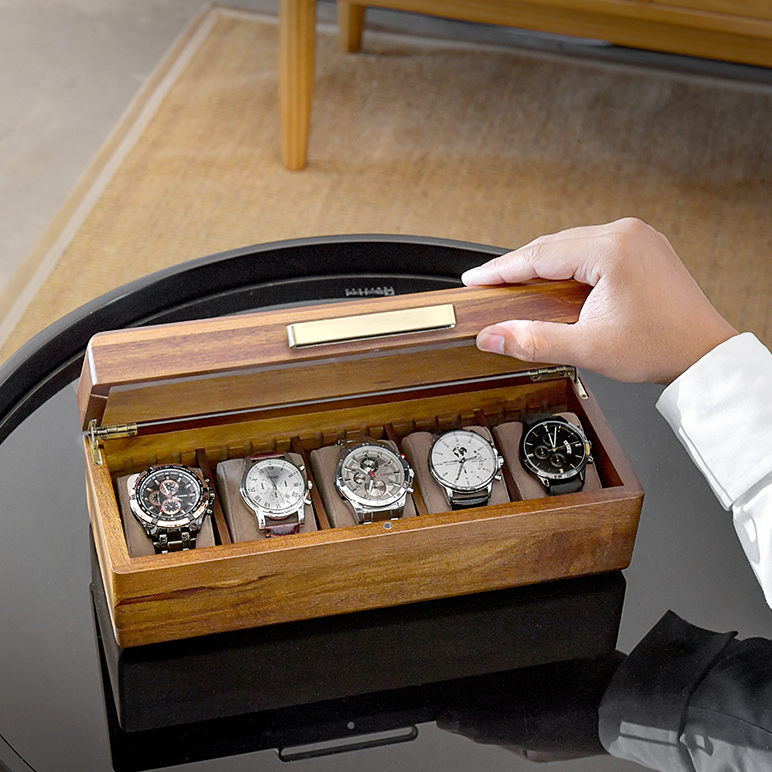 Premium Walnut Finish Watch Box Organizer with 5 Slots Watches