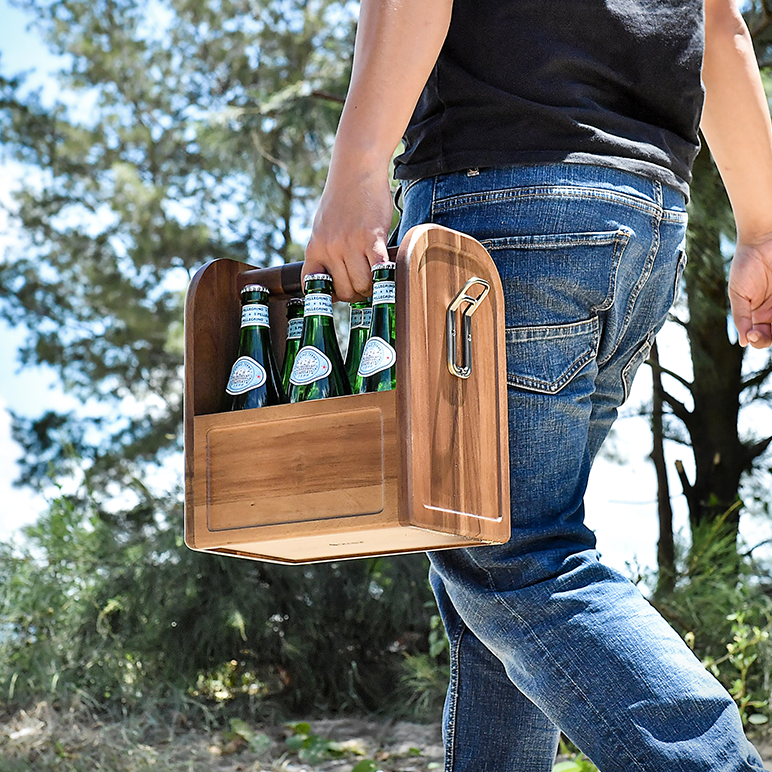 Wooden Beer Caddy with Bottle Opener, 6 Pack Liquor/Cocktail Crate