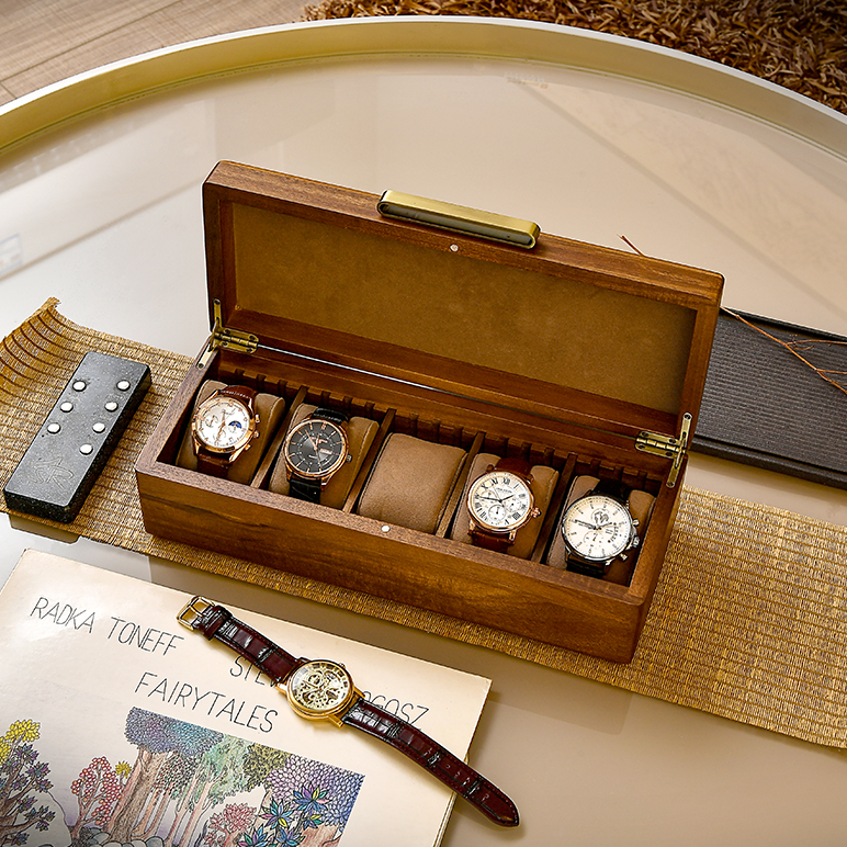 Premium Walnut Finish Watch Box Organizer with 5 Slots Watches