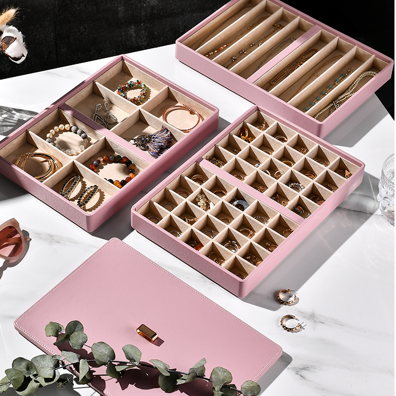 MINGRI Stackable Jewelry Organizer Trays Drawer Inserts,Velvet Earring  Display Trays, Box Ring Holder Necklace Case, Storage for Bracelet Brooch