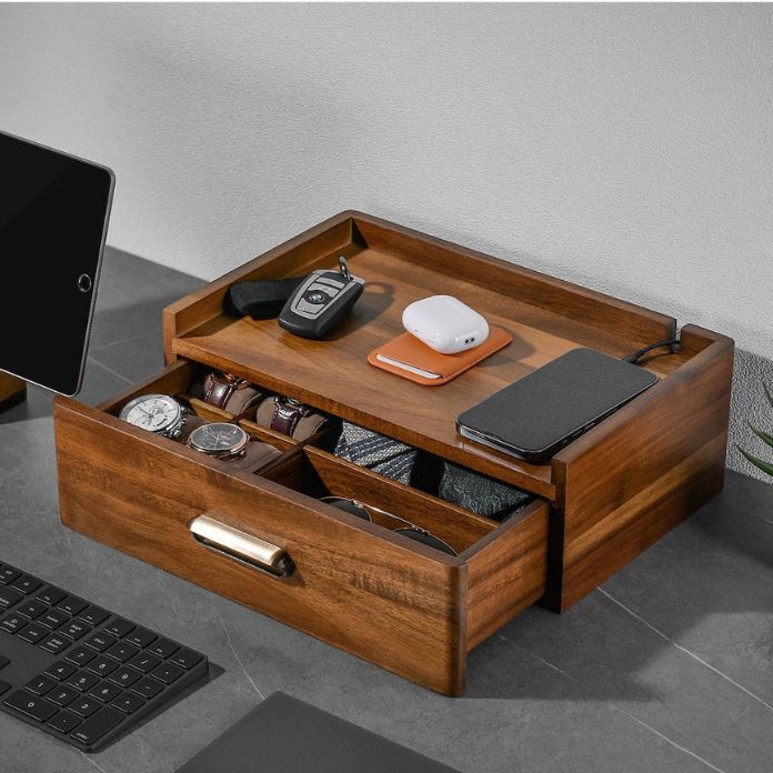 Wood Watch & Accessory Box With Drawer Organizer