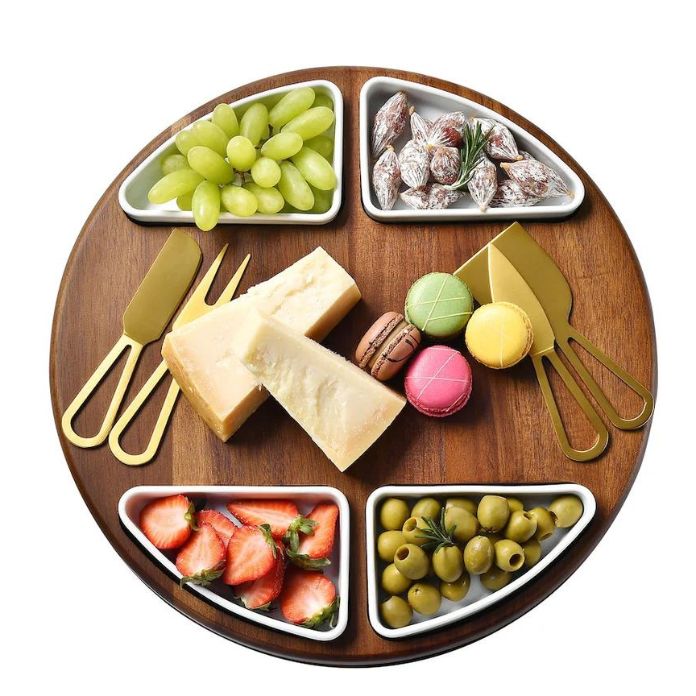 Lazy Susan Turntable Cheeseboard, Rotating Charcuterie Board with 4 Olive bowls