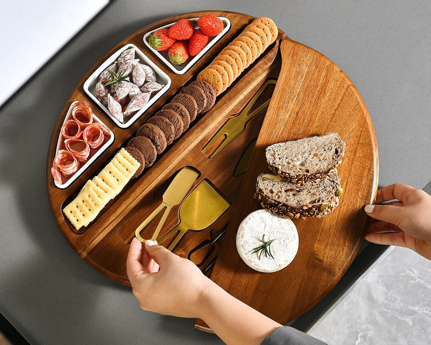 Oval Cheese Board Set - Acacia Wood Charcuterie Board with Nesting Bowls and Utensils