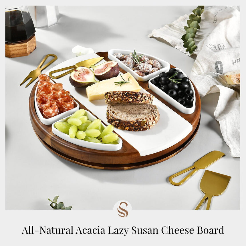 Marble and Wood Lazy Susan Turntable Cheeseboard