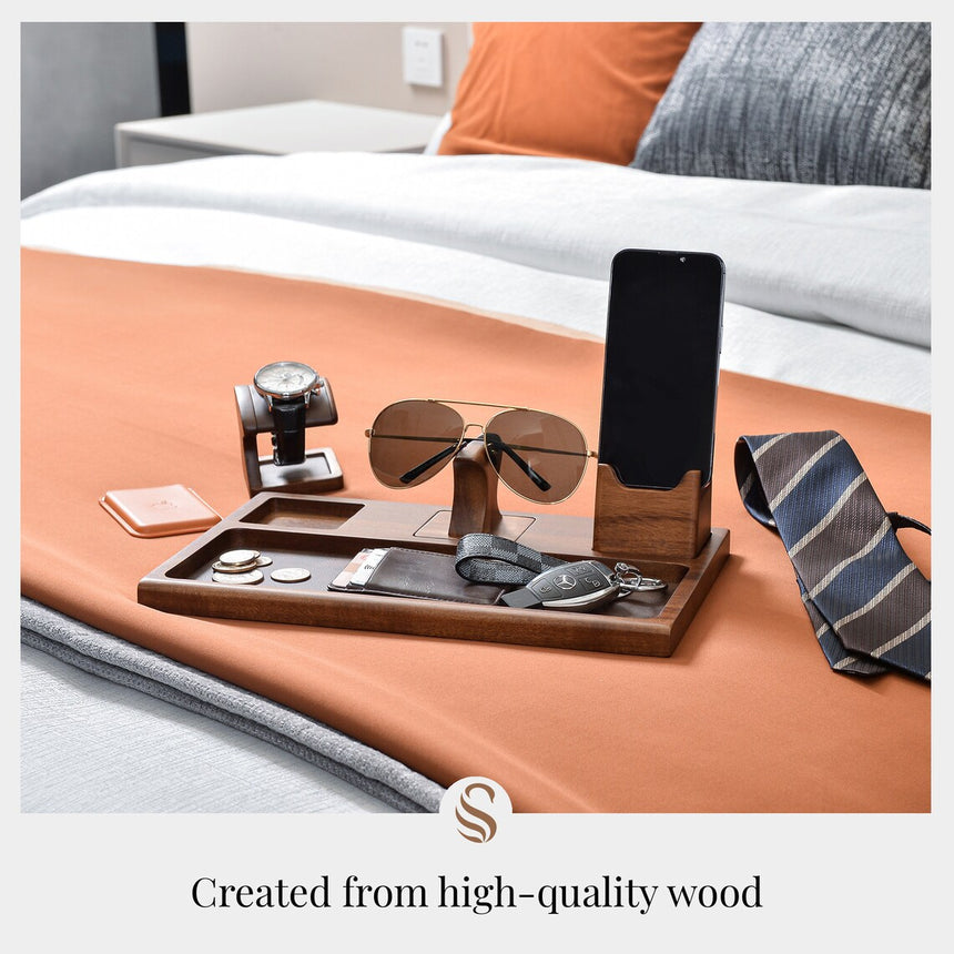 Premium Nightstand Organizer Tray with Removable Watch Holder, Glass Holder and Convenient Wood Phone Stand