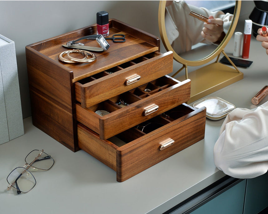 Wooden Jewelry 3 Drawer Box With Multiple Compartments Organizer