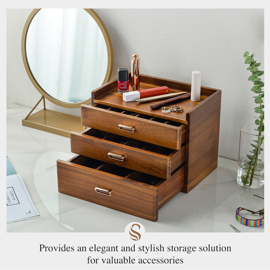 Wooden Jewelry 3 Drawer Box With Multiple Compartments Organizer