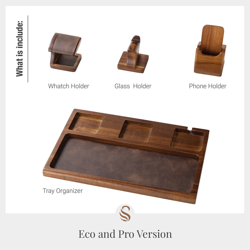 Premium Nightstand Organizer Tray with Removable Watch Holder, Glass Holder and Convenient Wood Phone Stand