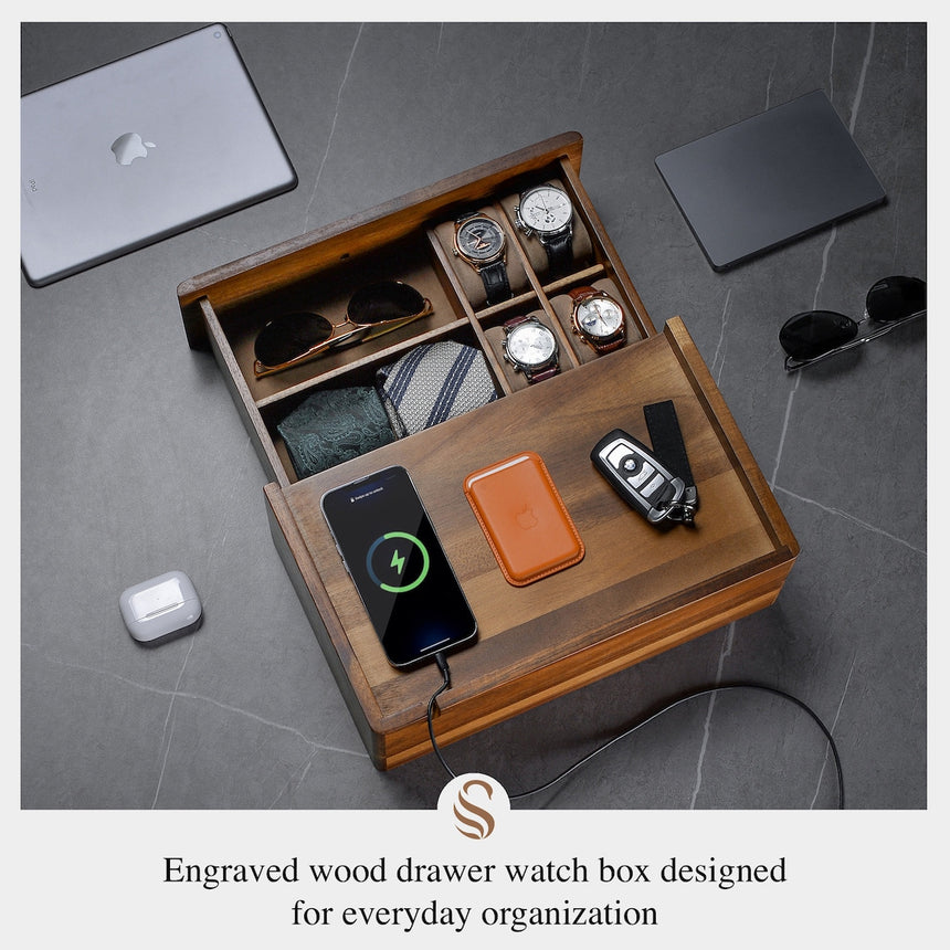 Wood Watch & Accessory Box With Drawer Organizer
