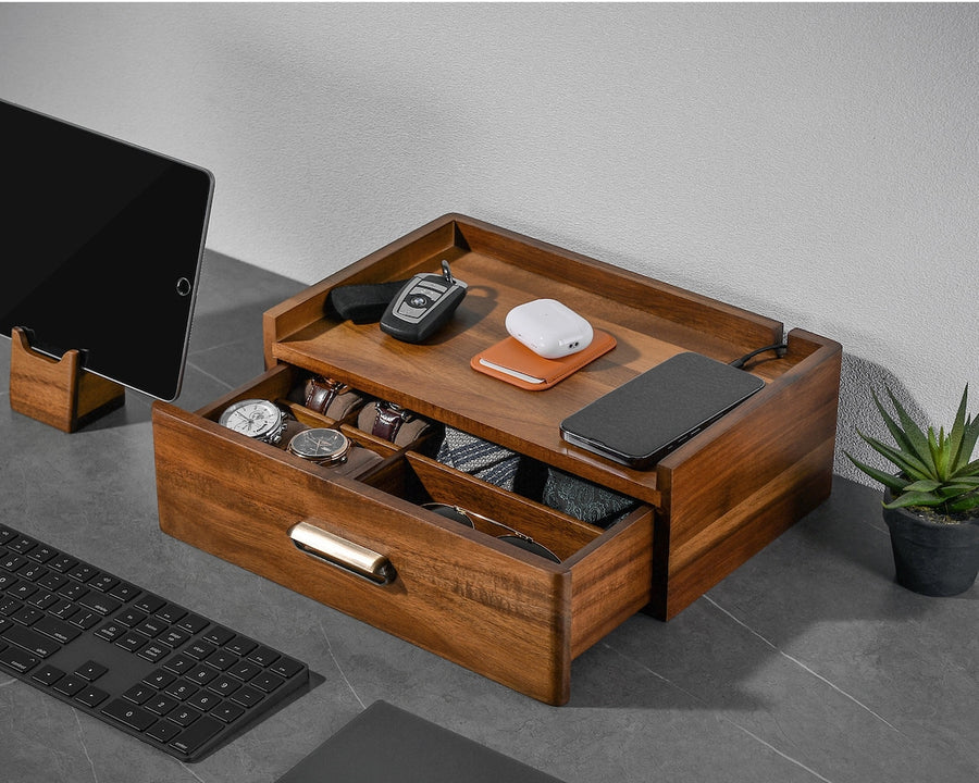 Wood Watch & Accessory Box With Drawer Organizer