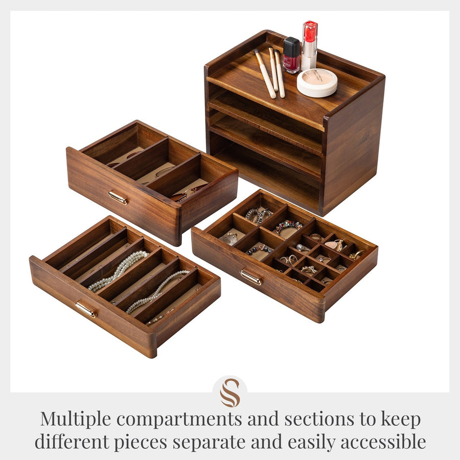 Wooden Jewelry 3 Drawer Box With Multiple Compartments Organizer