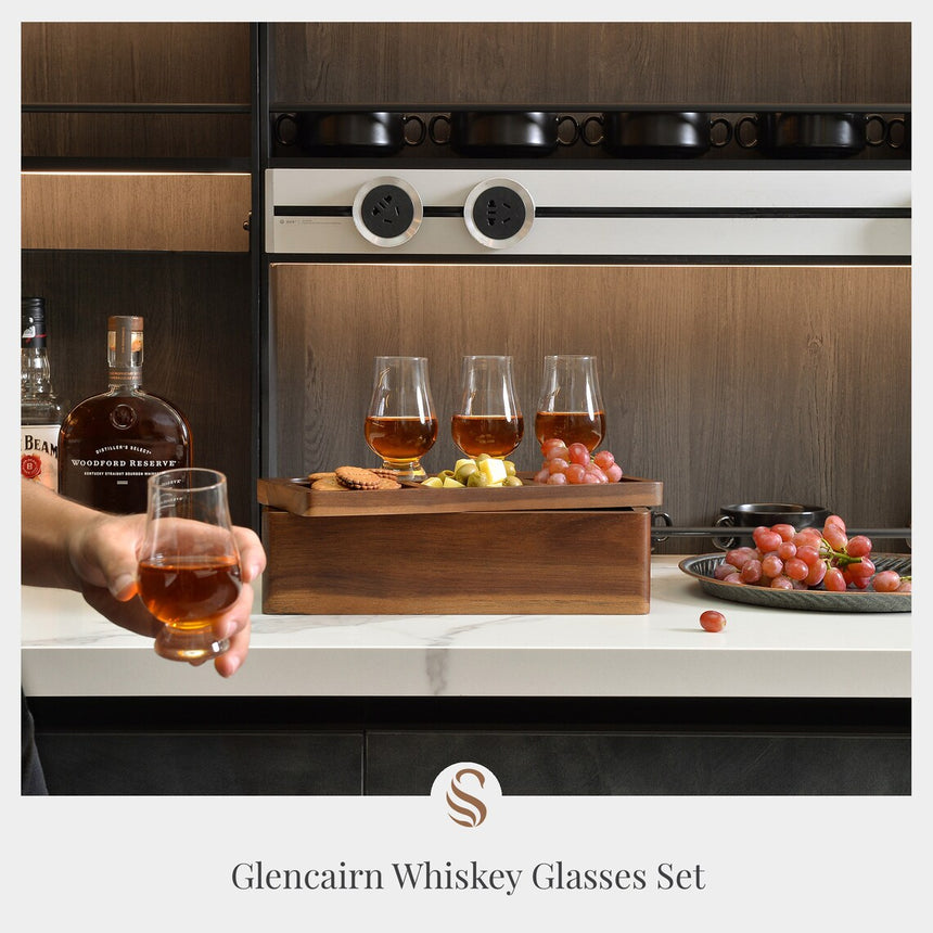 Glencairn Whiskey Glasses Decanter Set with Handcrafted Wood Box