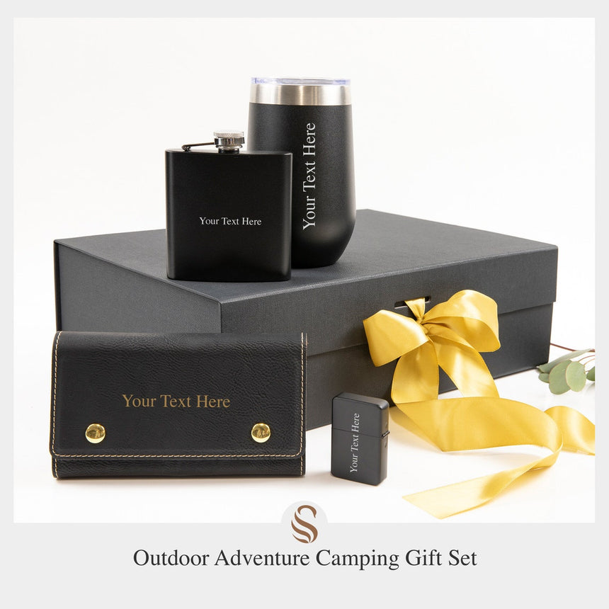 Outdoor Adventure Camping Gift Set for Him - Custom Engraved Wine Tumbler, Lighter, Card Game & Flask for Men