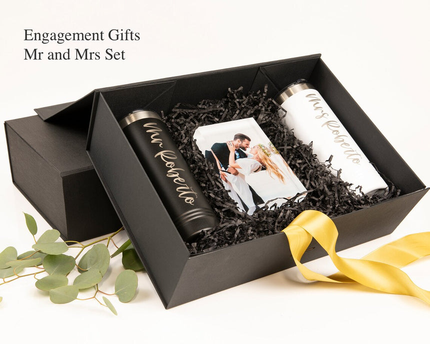 Personalized Engagement Gift Box - Customizable Coffee Tumblers and Acrylic Photo Block