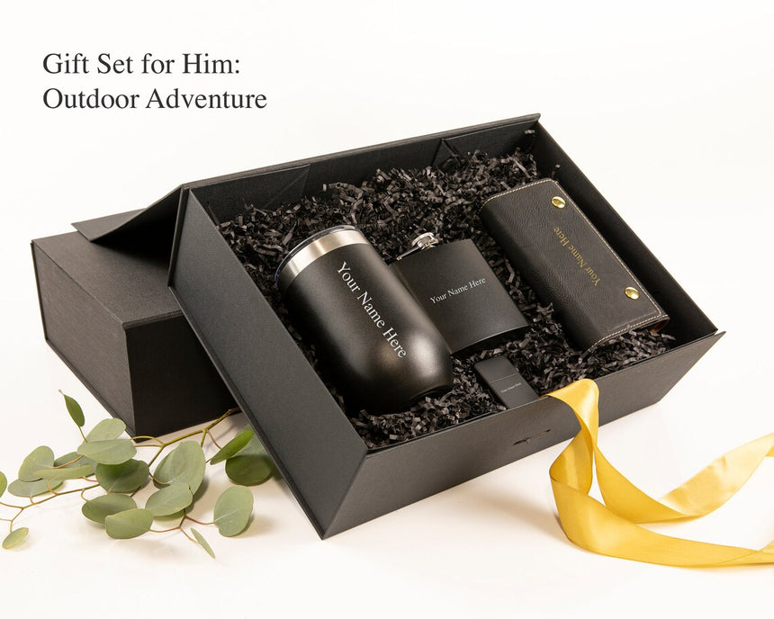 Outdoor Adventure Camping Gift Set for Him - Custom Engraved Wine Tumbler, Lighter, Card Game & Flask for Men