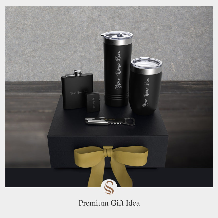 Corporate Holiday Gift Drinkware Set Includes Bottle opener, Custom Printed Wine Tumbler, Hip Flask & Card Game
