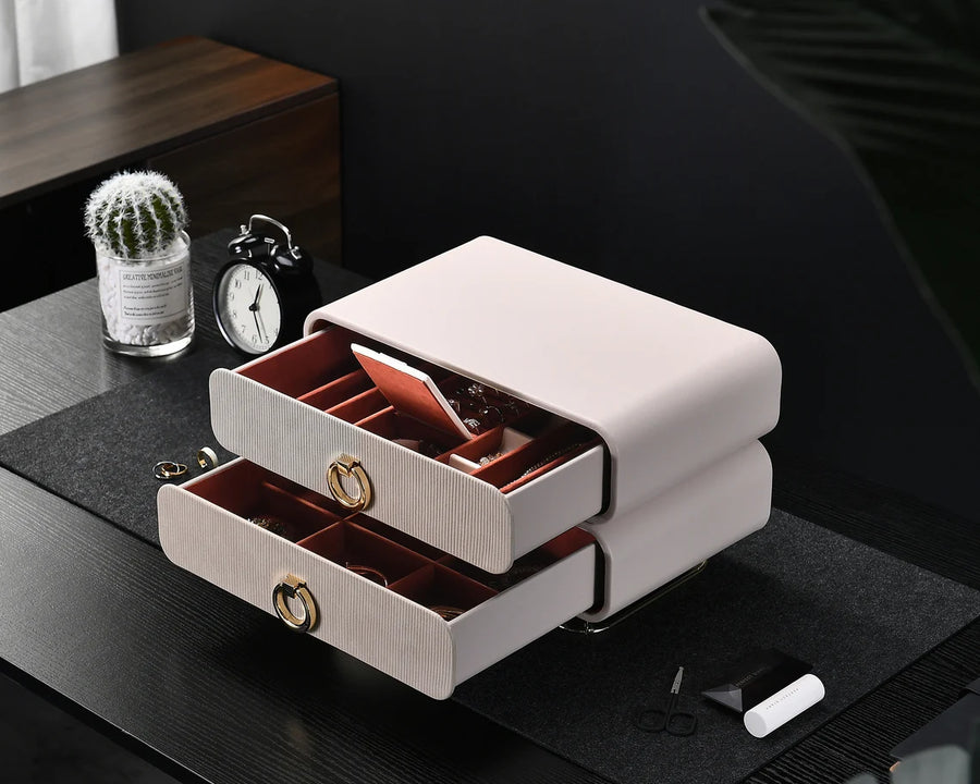 White Leather Jewelry Case with Stackable Drawers