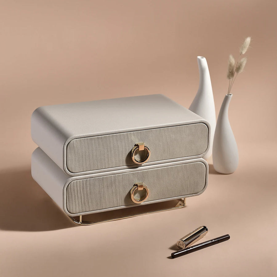 White Leather Jewelry Case with Stackable Drawers