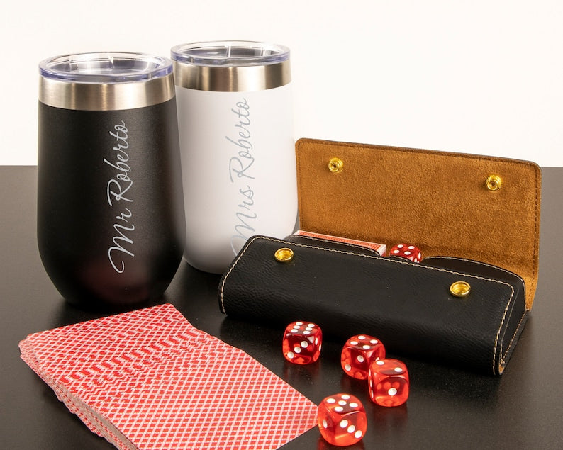 Couples Christmas Gift Box with Two Wine Tumblers and Playing Cards in Case