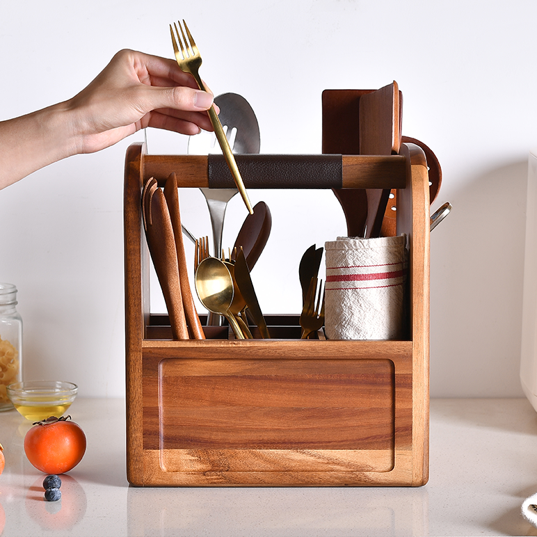Natural Wooden Kitchen Utensil Holder with Bottle Opener & Storage