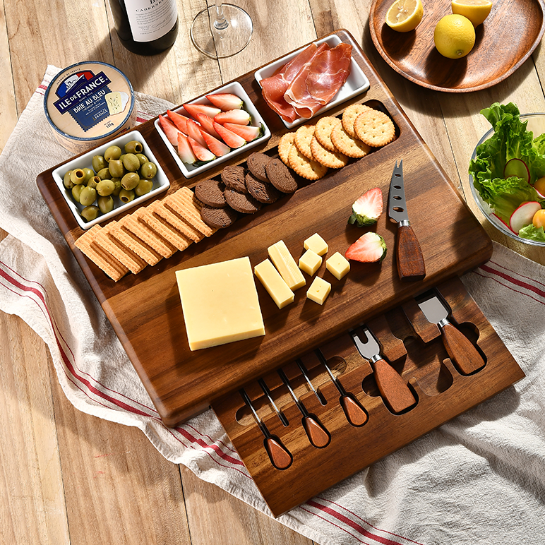 Premium Charcuterie Board with Knife Drawer and 3 Ceramic Bowls