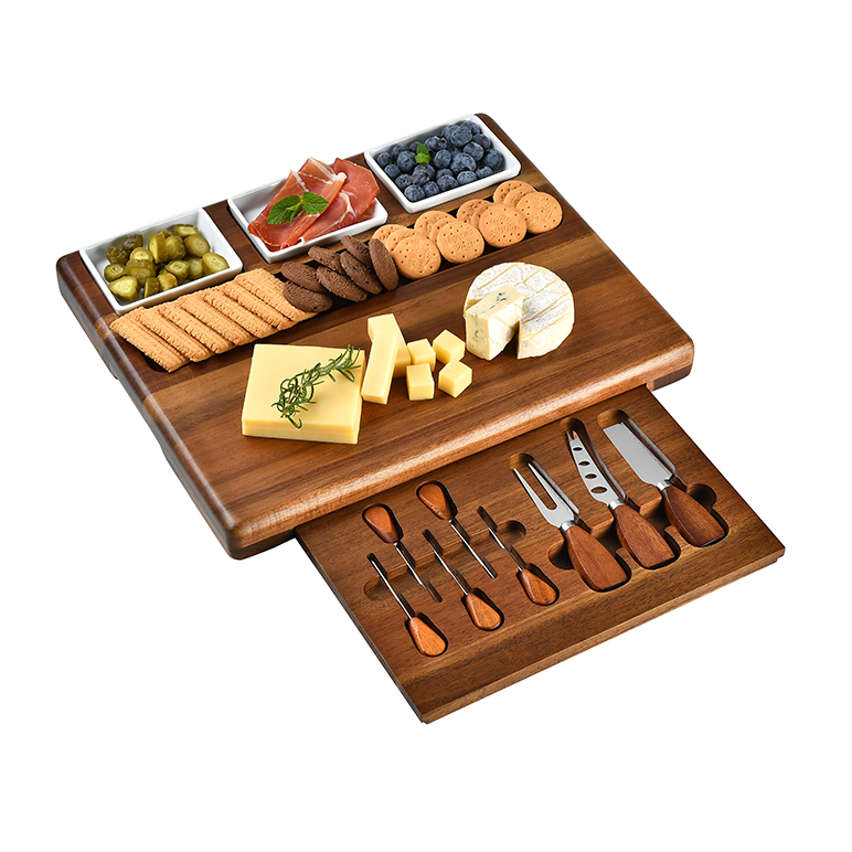 Premium Charcuterie Board with Knife Drawer and 3 Ceramic Bowls