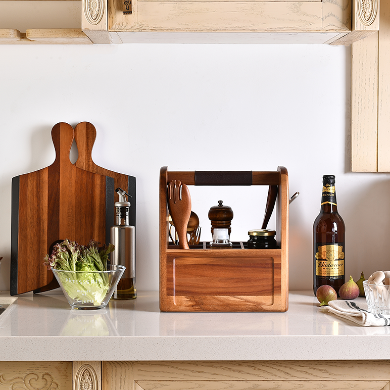 Natural Wooden Kitchen Utensil Holder with Bottle Opener & Storage