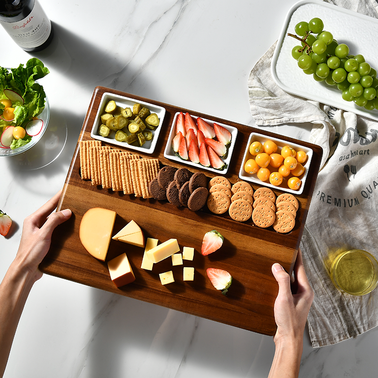 Premium Charcuterie Board with Knife Drawer and 3 Ceramic Bowls