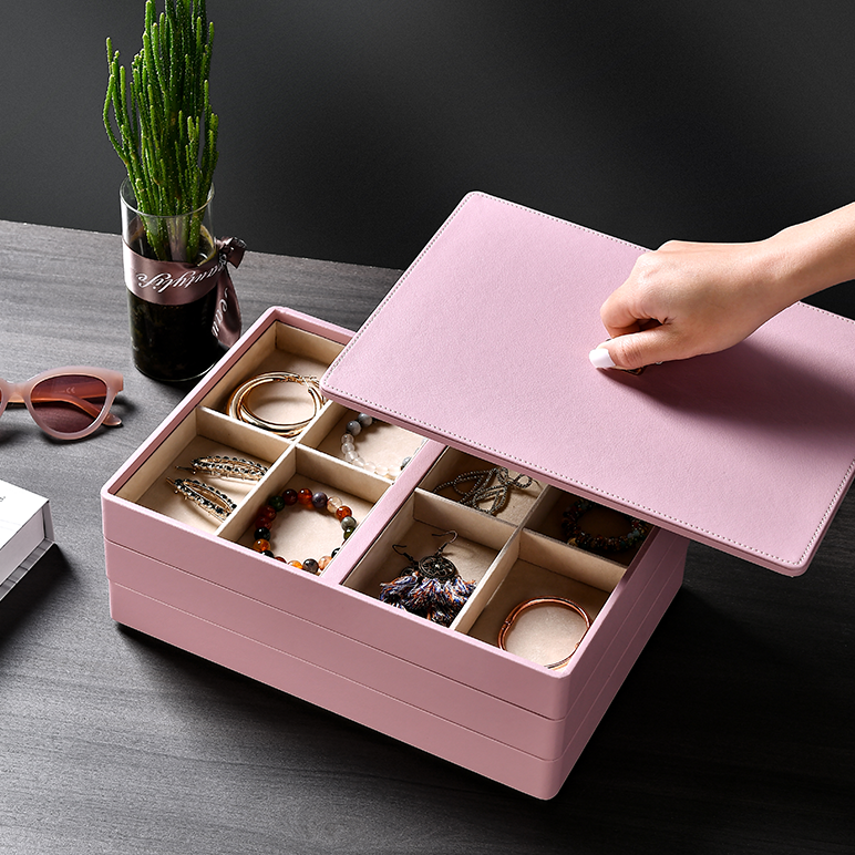 Stacking Jewelry Box, Velvet Jewelry Tray 3 Pc. Pink Set